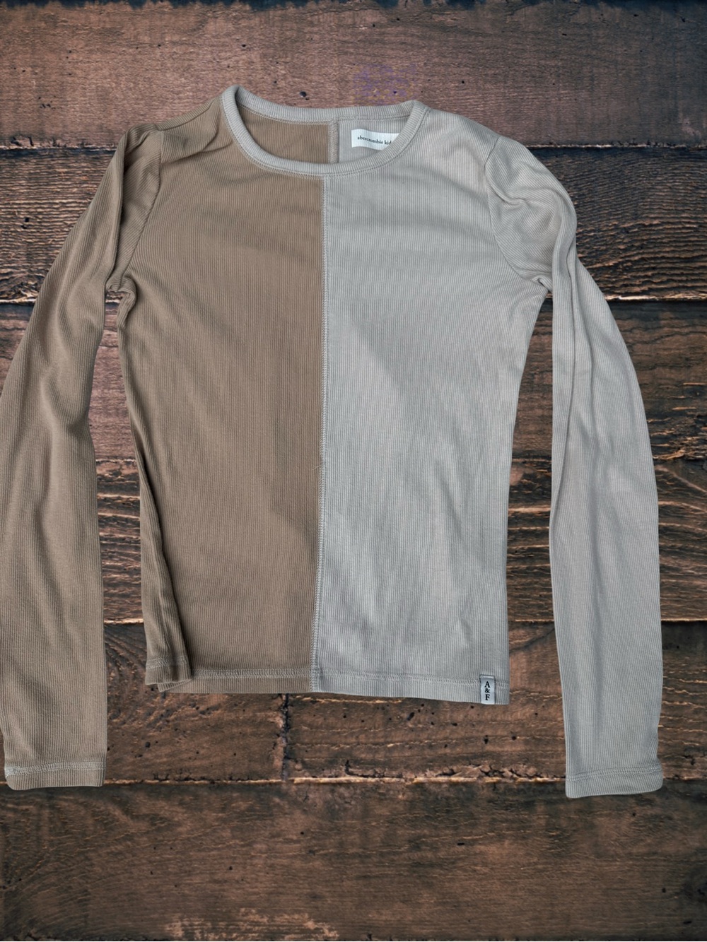 Abercrombie Kids Girls 13/14 Colorblock Ribbed Long Sleeve Top Taupe Beige Crew